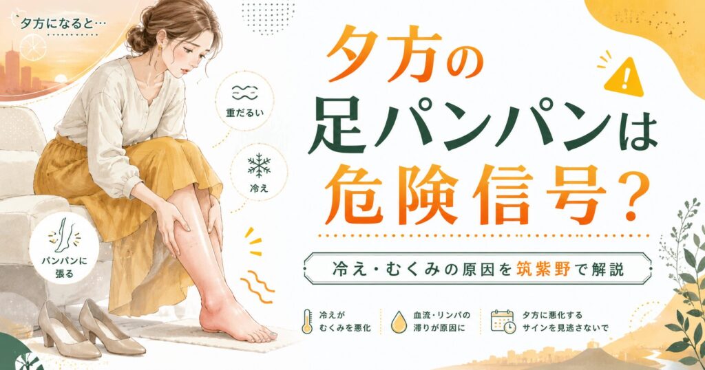 夕方になると足がパンパンに張る女性のイラスト。冷えやむくみの原因を筑紫野で解説する記事のアイキャッチ画像。