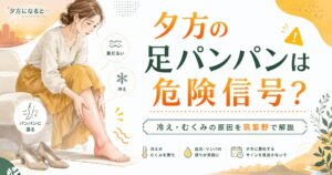 夕方になると足がパンパンに張る女性のイラスト。冷えやむくみの原因を筑紫野で解説する記事のアイキャッチ画像。