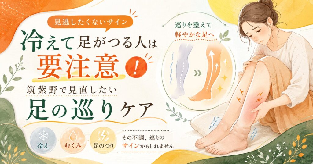 冷えで足がつる女性に向けた筑紫野の足の巡りケアを紹介するアイキャッチ画像。むくみ・冷え・足のつりに注意を促す柔らかいイラスト。