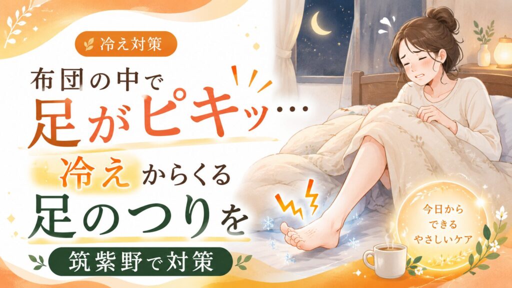 布団の中で足がピキッとつる女性のイラスト。冷えによる足のつりを筑紫野で対策する方法を伝えるアイキャッチ画像。