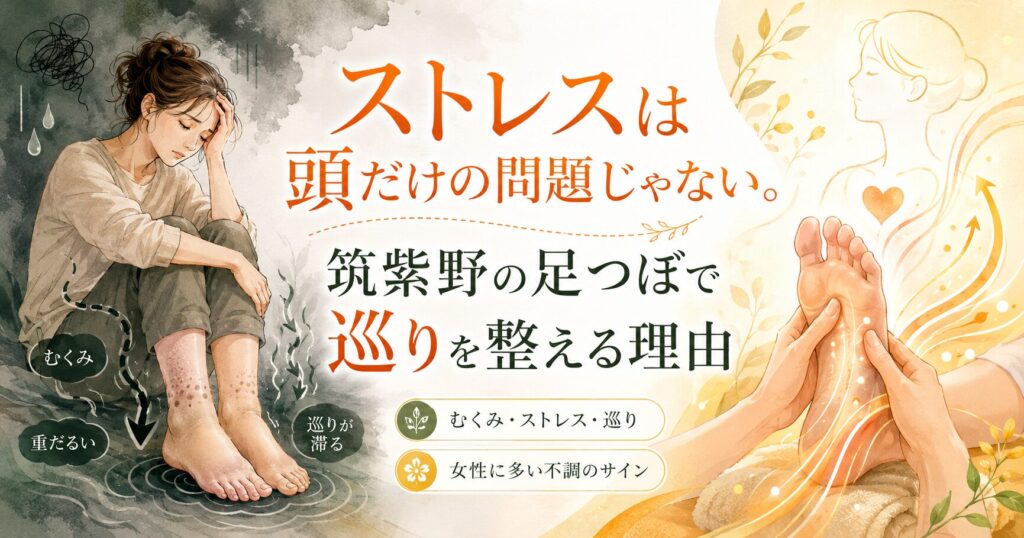 ストレスやむくみに悩む女性と、筑紫野の足つぼで巡りを整える様子を描いたアイキャッチ画像