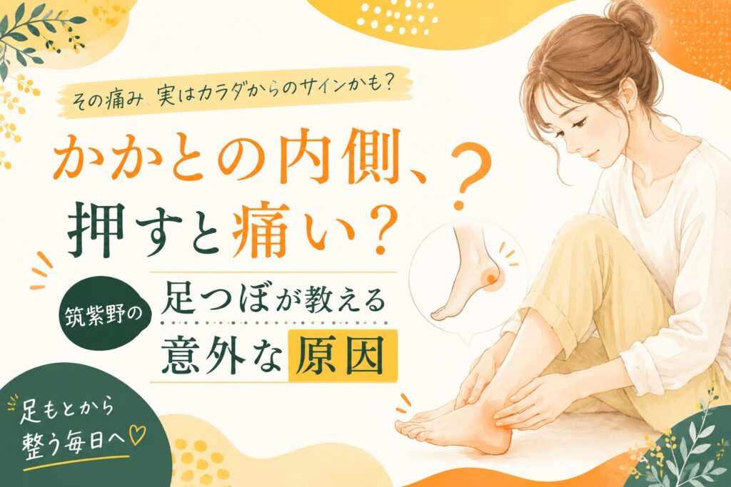 かかとの内側を気にする女性のイラストと「かかとの内側、押すと痛い？筑紫野の足つぼが教える意外な原因」という文字が入った、足つぼに関する記事のアイキャッチ画像