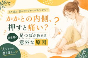 かかとの内側を気にする女性のイラストと「かかとの内側、押すと痛い?筑紫野の足つぼが教える意外な原因」という文字が入った、足つぼに関する記事のアイキャッチ画像