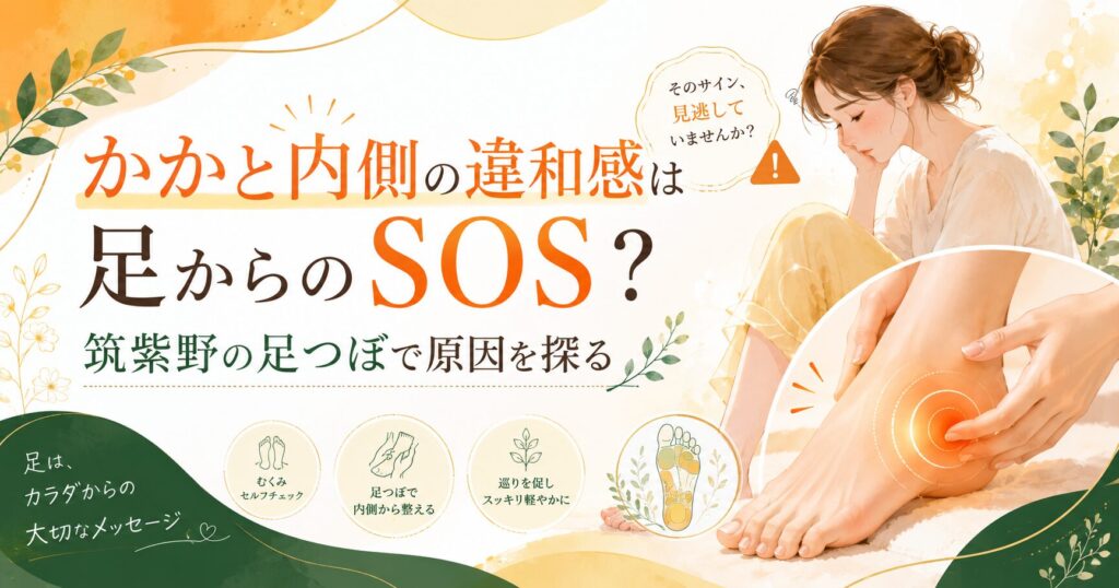 かかと内側の違和感やむくみに悩む女性に向けて、筑紫野の足つぼで足から原因を探ることを表現したアイキャッチ画像