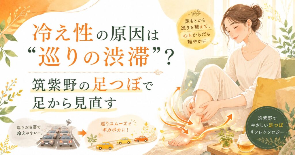 冷え性の原因を巡りの渋滞として表現し、筑紫野の足つぼで足元から巡りを整えるイメージのアイキャッチ画像
