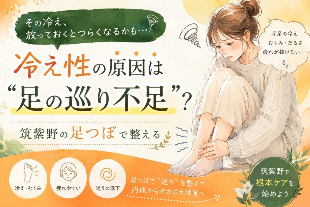 冷え性の原因は足の巡り不足かもしれないことを伝える、筑紫野の足つぼをテーマにした女性向けアイキャッチ画像