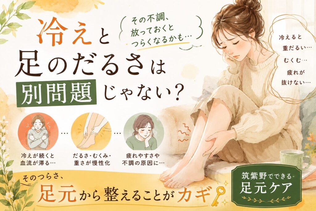 冷えと足のだるさに悩む女性をやさしいタッチで描いたイラスト。筑紫野で足元ケアを考えている方に向けたアイキャッチ画像