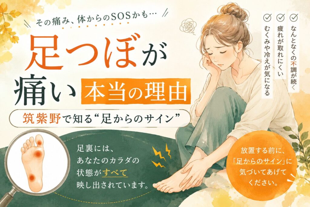 足つぼが痛い理由をテーマに、筑紫野で足からの不調サインをやさしく解説する女性向けアイキャッチ画像