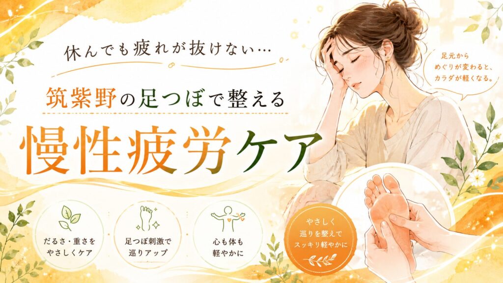 休んでも疲れが抜けない慢性疲労に悩む女性へ、筑紫野の足つぼで巡りを整え疲労ケアを促すアイキャッチ画像