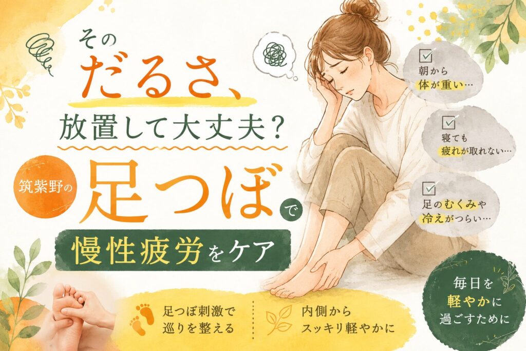 筑紫野で足つぼによる慢性疲労ケアを紹介するアイキャッチ画像。むくみやだるさに悩む女性と、やさしい雰囲気の足つぼケアイラスト。