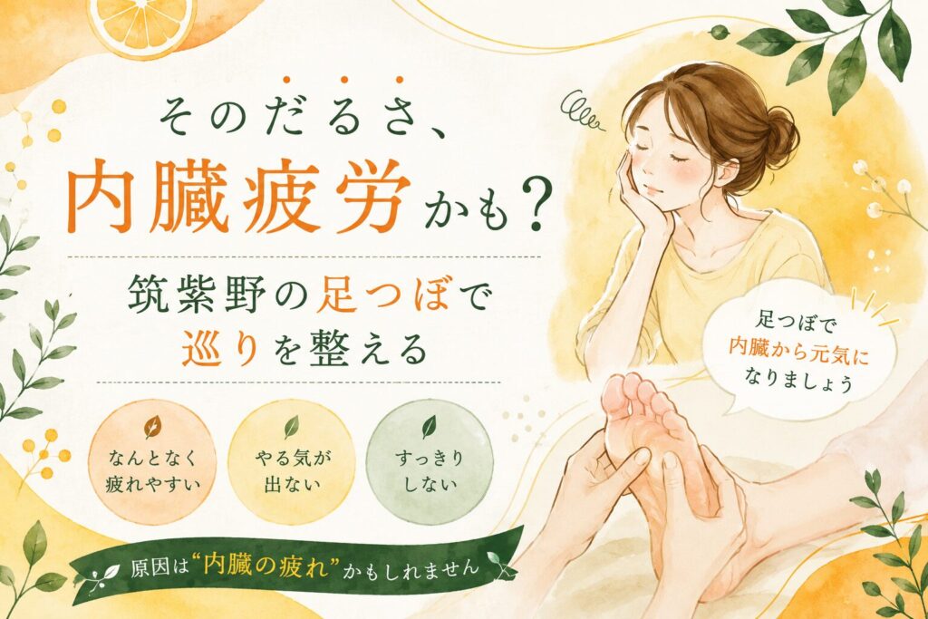 筑紫野の足つぼで内臓ケアをテーマに、だるさや内臓疲労、巡りの乱れをやさしく表現した女性向けアイキャッチ画像