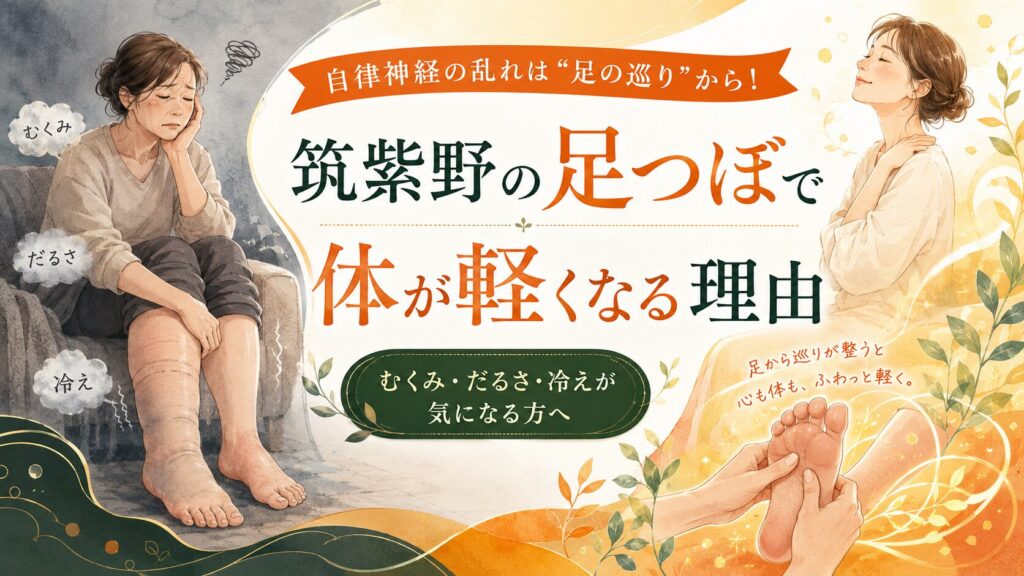 筑紫野の足つぼで自律神経改善を目指す方向けに、むくみ・だるさ・冷えと足の巡りを表現したアイキャッチ画像