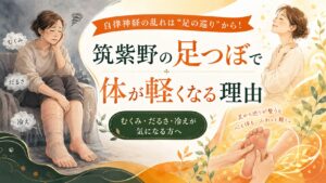 筑紫野の足つぼで自律神経改善を目指す方向けに、むくみ・だるさ・冷えと足の巡りを表現したアイキャッチ画像