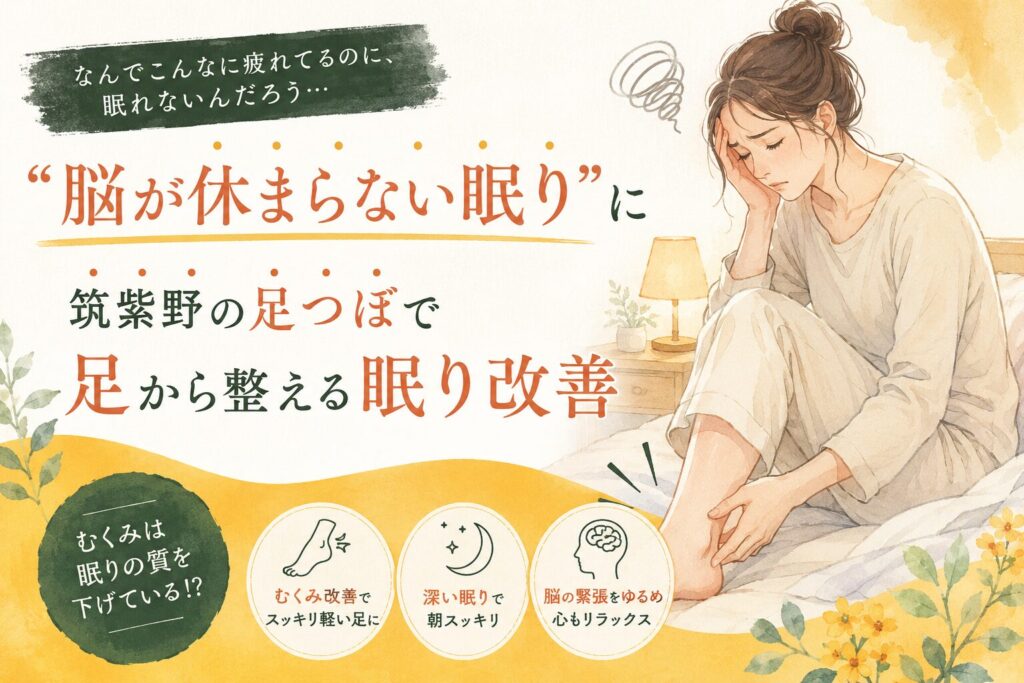 筑紫野の足つぼで眠り改善を目指すアイキャッチ画像。脳が休まらない眠りや足のむくみに悩む女性を、足から整えるケアとしてやさしいイラストで表現。