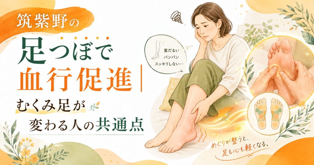 筑紫野の足つぼで血行促進を促し、むくみ足や重だるさに悩む女性が足の巡りを整えるイメージ画像