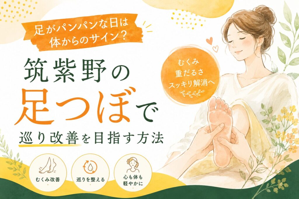 筑紫野の足つぼで足のパンパン感やむくみ、重だるさに向き合い、巡り改善を目指す女性向けのやさしいイラスト画像