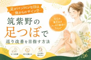 筑紫野の足つぼで足のパンパン感やむくみ、重だるさに向き合い、巡り改善を目指す女性向けのやさしいイラスト画像