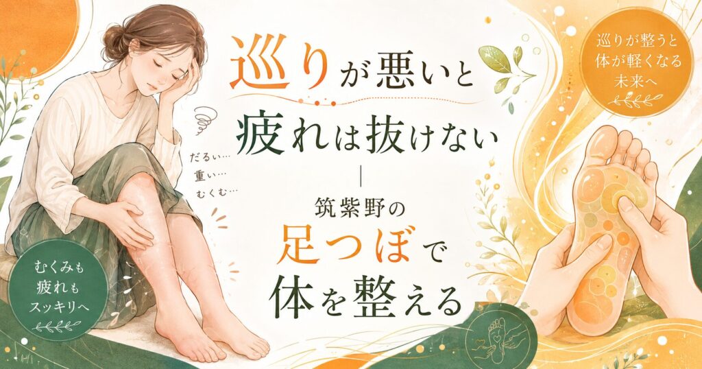 巡りの悪さによるむくみや疲れに悩む女性と、筑紫野の足つぼで巡り改善を目指すイメージイラスト