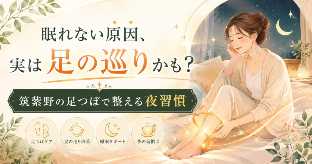 眠れない原因は足の巡りかもしれないと伝える、筑紫野の足つぼで夜習慣を整える女性向けアイキャッチ画像