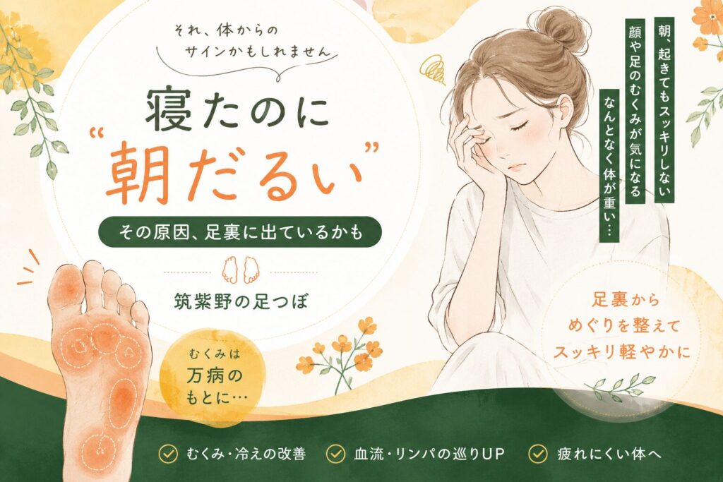 筑紫野の足つぼサロン健楽足つぼが、寝たのに朝だるい原因や足裏に出るむくみ・巡りのサインを伝えるアイキャッチ画像