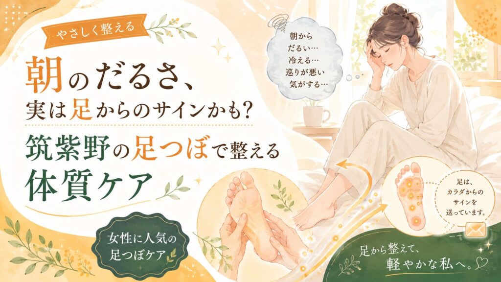 朝のだるさや冷え、巡りの悪さに悩む女性と、筑紫野の足つぼで体質ケアを整えるイメージイラスト
