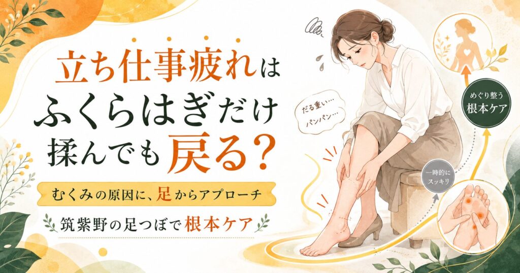 筑紫野の足つぼで立ち仕事疲れやむくみに根本ケアを行うイメージ画像