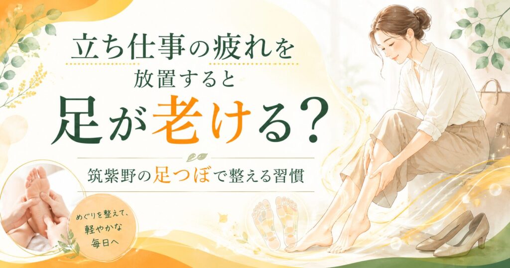 立ち仕事の疲れを放置すると足が老ける可能性を伝え、筑紫野の足つぼで足の疲れや巡りを整える習慣を紹介するアイキャッチ画像