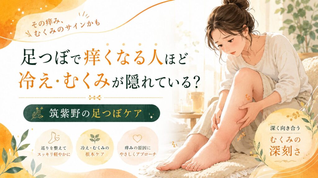 足つぼで痒くなる人に向けて、冷えやむくみのサインをやさしく伝える筑紫野の足つぼケアイメージ