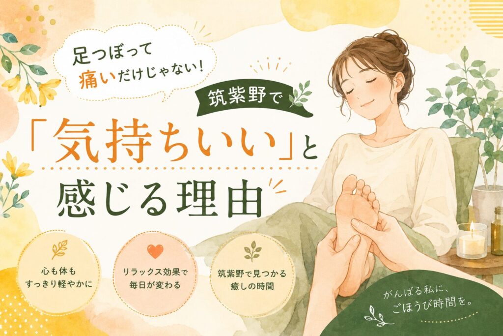 筑紫野で気持ちいい足つぼを受ける女性のやわらかいイラスト。足つぼは痛いだけではなく、心身がリラックスできる理由を伝えるアイキャッチ画像。