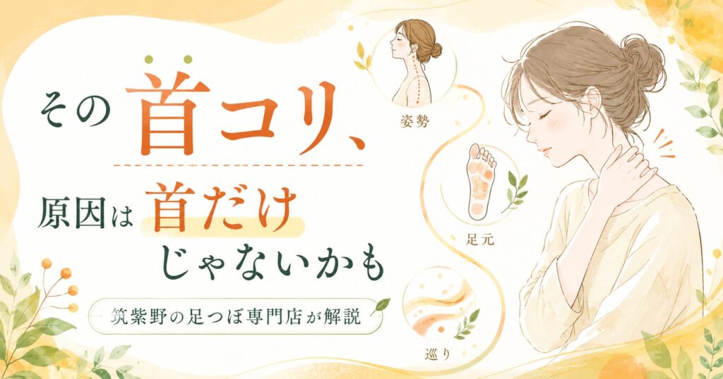 首コリに悩む女性と、姿勢・足元・巡りのつながりをやさしいイラストで表現した、筑紫野の足つぼ専門店による首コリ解説アイキャッチ画像