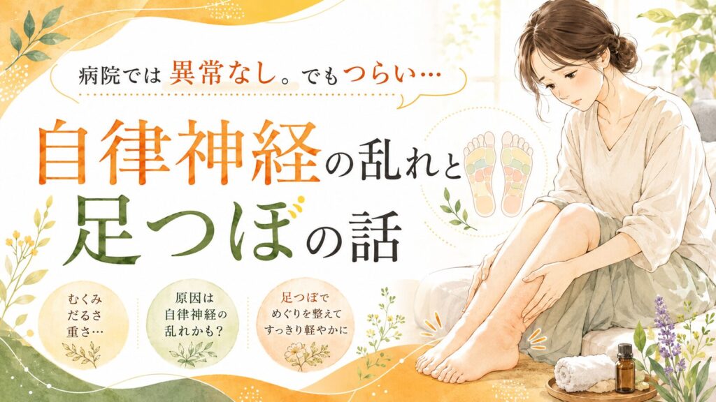 筑紫野で足つぼにより自律神経を整える方法を紹介する記事のアイキャッチ画像。病院では異常なしと言われても、むくみ・だるさ・重さなどの不調に悩む女性をやさしいイラストで表現。