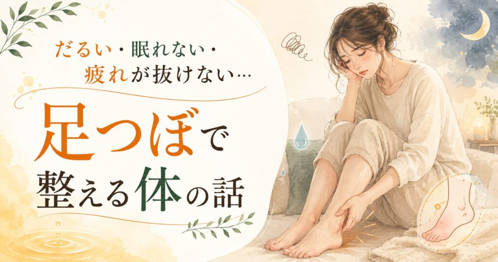 筑紫野の足つぼで自律神経を整えるイメージ。だるさ・眠れない・疲れが抜けない女性の不調を、足元から整えることを伝える優しいアイキャッチ画像。