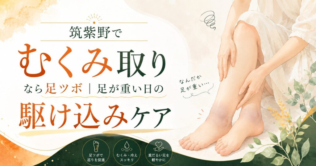 筑紫野で足ツボによるむくみ取りを紹介するアイキャッチ画像。足が重い女性の足元と駆け込みケアの文字を配置。