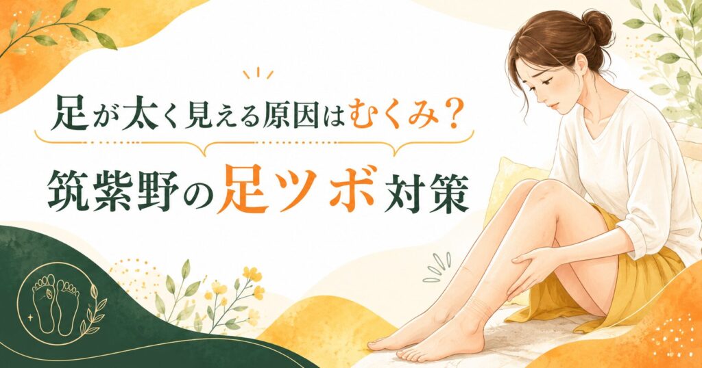 筑紫野で足ツボによるむくみ取りを紹介するアイキャッチ画像。足が太く見える原因としてむくみに悩む女性が足を気にしているイラスト。