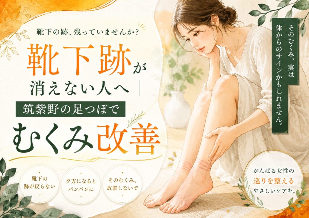 靴下跡が消えないむくみに悩む女性へ、筑紫野の足つぼでむくみ改善を促す健楽足つぼのアイキャッチ画像
