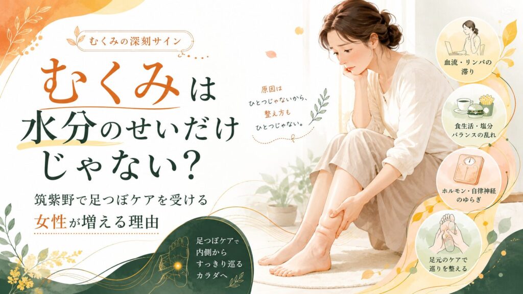 筑紫野でむくみ解消を目指す女性に向けた足つぼケアのアイキャッチ画像。水分だけでなく血流やリンパ、自律神経の乱れにも着目した内容。