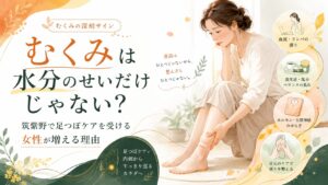 筑紫野でむくみ解消を目指す女性に向けた足つぼケアのアイキャッチ画像。水分だけでなく血流やリンパ、自律神経の乱れにも着目した内容。