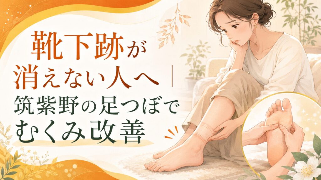 靴下跡が消えないむくみに悩む女性と、筑紫野の足つぼによるむくみ改善をイメージしたアイキャッチ画像