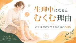 生理中のむくみに悩む女性と足元のSOSを表現した、筑紫野の足つぼサロン向けアイキャッチ画像