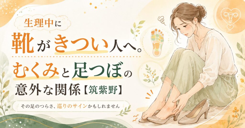 生理中のむくみで靴がきつく感じる女性と、足つぼによる巡りケアを表した筑紫野の健楽足つぼブログ用アイキャッチ画像