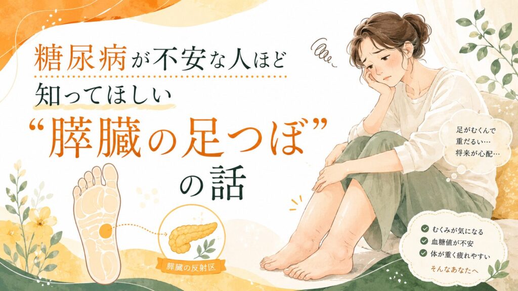 糖尿病が不安な方へ向けて、膵臓の反射区と足つぼの関係をやさしく解説する筑紫野の健楽足つぼのアイキャッチ画像