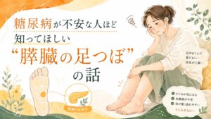 糖尿病が不安な方へ向けて、膵臓の反射区と足つぼの関係をやさしく解説する筑紫野の健楽足つぼのアイキャッチ画像