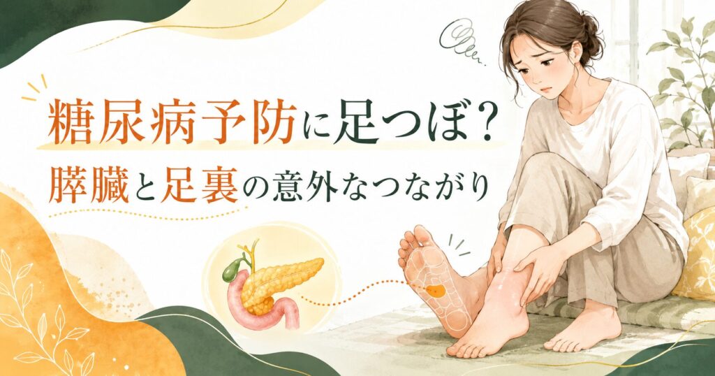 糖尿病予防と足つぼの関係を伝えるアイキャッチ画像。膵臓と足裏のつながりを示し、筑紫野の健楽足つぼがむくみや巡りの視点から体を整える大切さを表現。