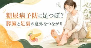 糖尿病予防と足つぼの関係を伝えるアイキャッチ画像。膵臓と足裏のつながりを示し、筑紫野の健楽足つぼがむくみや巡りの視点から体を整える大切さを表現。