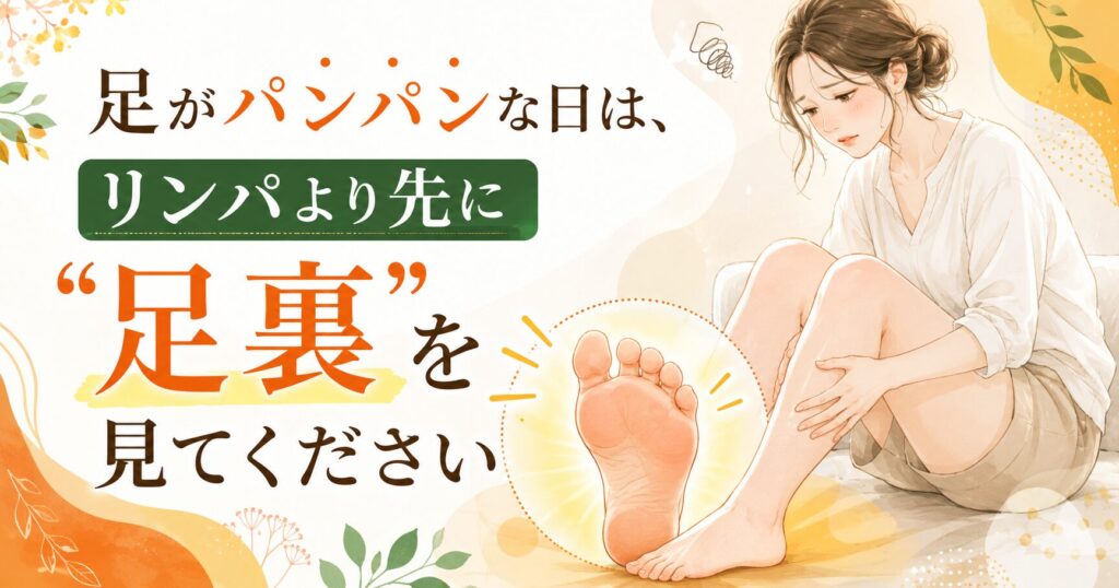 足がパンパンにむくむ日に、リンパだけでなく足裏から巡りを整える大切さを伝える健楽足つぼのアイキャッチ画像