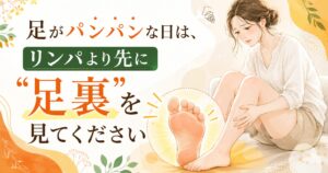 足がパンパンにむくむ日に、リンパだけでなく足裏から巡りを整える大切さを伝える健楽足つぼのアイキャッチ画像
