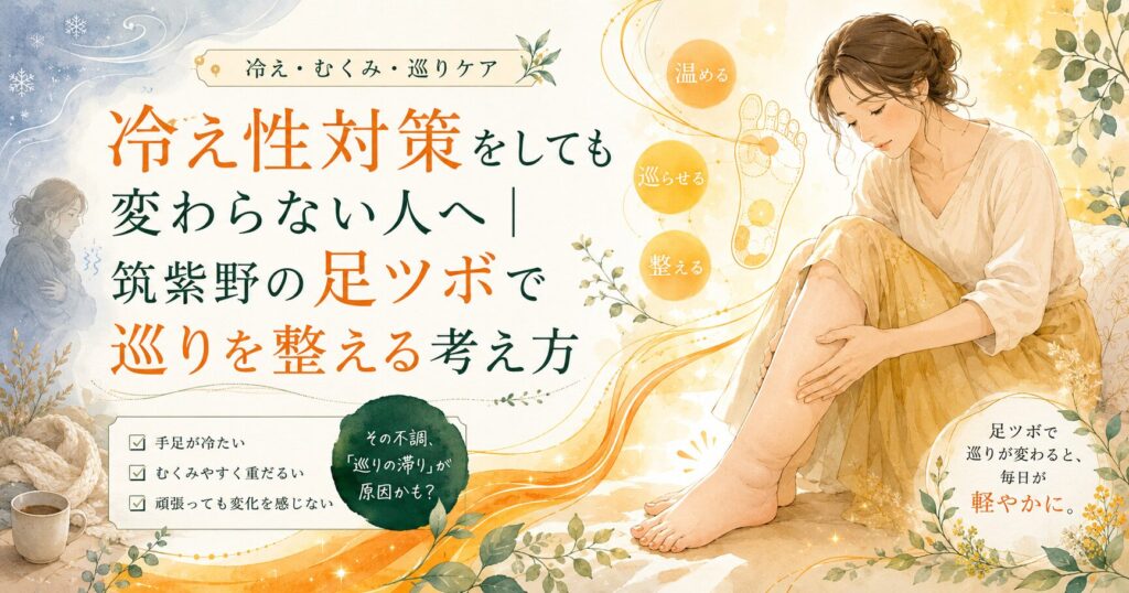冷え性対策をしても変わらない人へ向けて、筑紫野の足ツボで冷え・むくみ・巡りを整える考え方を表現したアイキャッチ画像