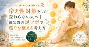 冷え性対策をしても変わらない人へ向けて、筑紫野の足ツボで冷え・むくみ・巡りを整える考え方を表現したアイキャッチ画像