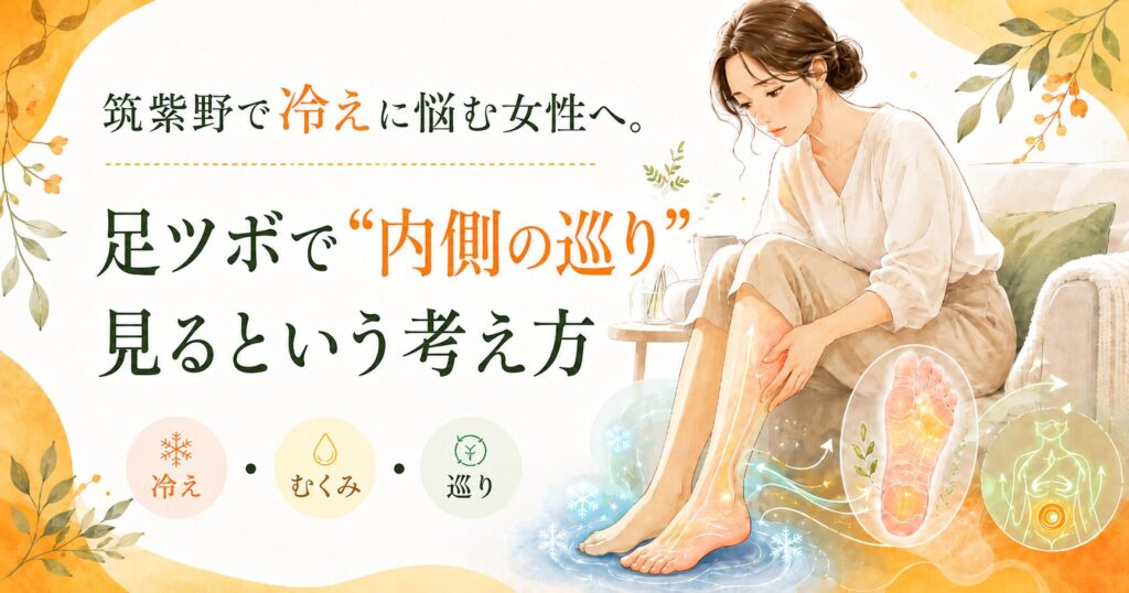 筑紫野で冷えに悩む女性へ向けて、足ツボで内側の巡りを整える考え方を伝えるアイキャッチ画像。冷え・むくみ・巡りをやさしいイラストで表現。