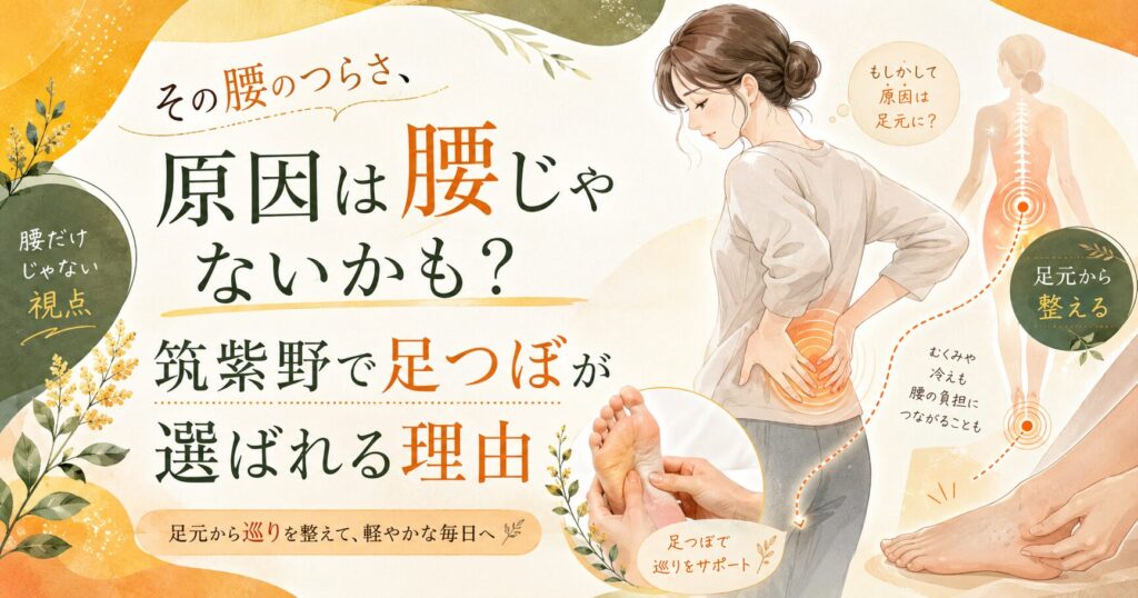 その腰のつらさは腰だけが原因ではないかもしれないと伝える、筑紫野の足つぼケアを紹介するアイキャッチ画像